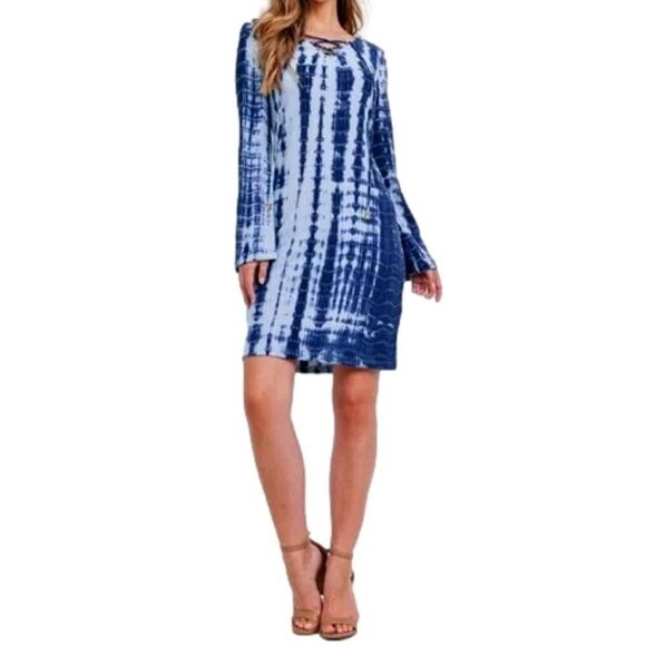 Retro Blue Tie-Dye Shift Dress ~ Boho Bell Sleeves ~ Round Neck ~ NEW IN PACKAGE - Picture 4 of 10